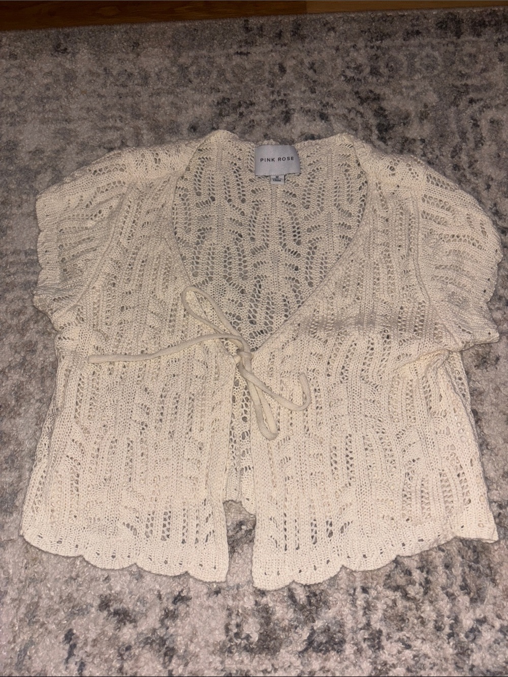 Pink Rose Cream Openwork Knit Tie-Front Cardigan